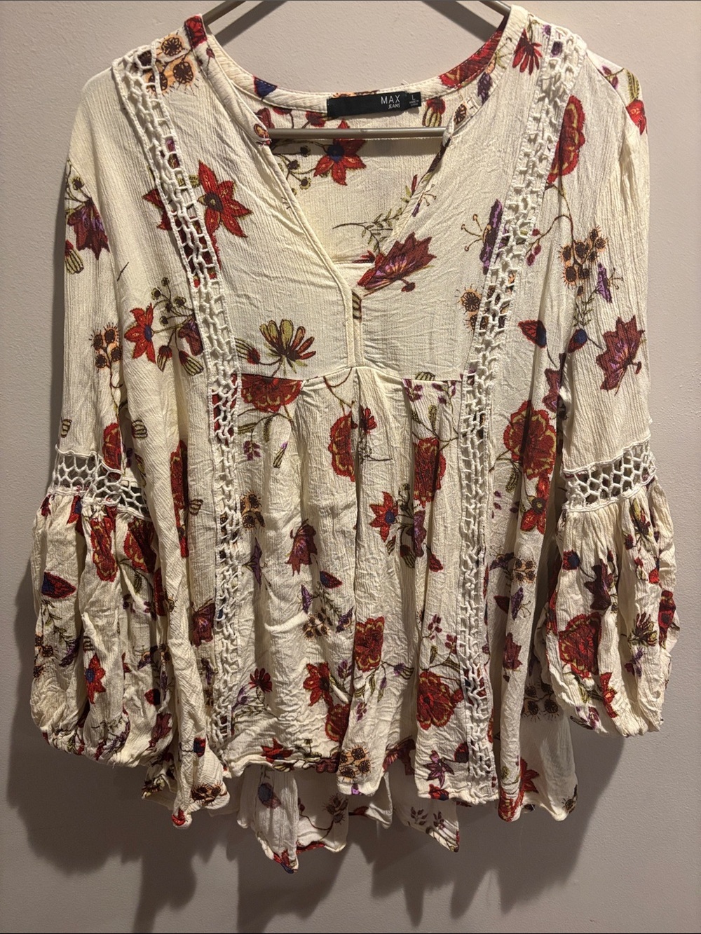 Max Studio Cream Floral Crochet-Trim Tunic with Red & Purple Accents